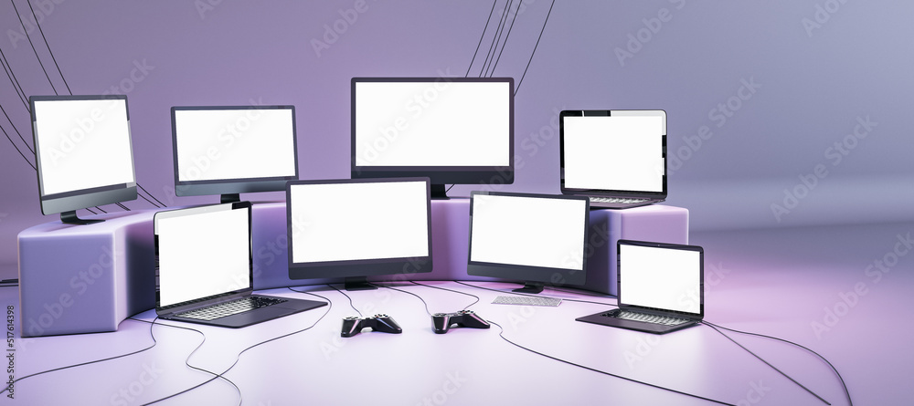 Canvas Prints a lot of gaming tv and computer screens and joysticks on purple backdrop. video games concept. mock 