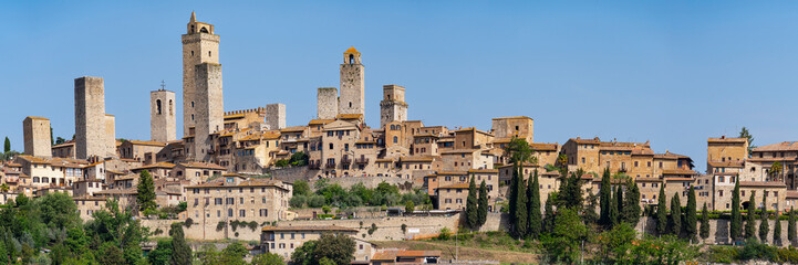 Italy, Tuscany, San Gimignano, Panoramic view of medieval town in summer