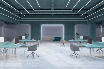 Luxury coworking office interior with furniture, equipment. 3D Rendering.