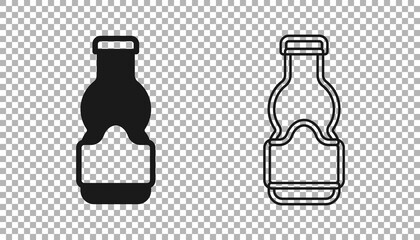 Black Sauce bottle icon isolated on transparent background. Ketchup, mustard and mayonnaise bottles with sauce for fast food. Vector
