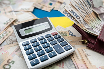 Ukrainian hryvnias bills with purse calculator. Money of Ukraine.