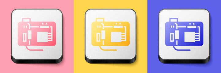 Isometric Electronic computer components motherboard digital chip integrated science icon isolated on pink, yellow and blue background. Circuit board. Square button. Vector