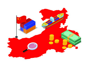 Chinese economy illustrations with china map money and containers - obrazy, fototapety, plakaty