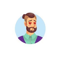 Vector flat cartoon young hipster man character head avatar,male face with loving expression emotion on empty background-fashion lifestyle,social media concept,web site banner ad design