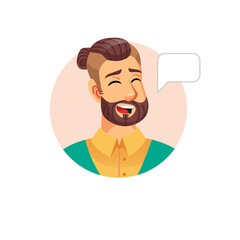 Vector flat cartoon young hipster man character head avatar,male face with closed eyes happily talking on empty background-fashion lifestyle,social media concept,web site banner ad design