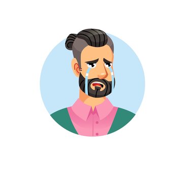 Vector flat cartoon young hipster man character head avatar,male face with miserable expression emotion crying on empty background-fashion lifestyle,social media concept,web site banner ad design
