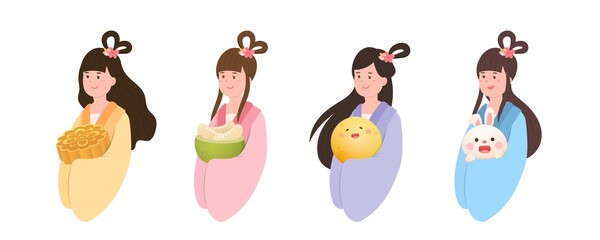 Fairy Chang'e and moon cake and rabbit and moon and pomelo in Mid-autumn festival, Chinese legend, Asian traditional festival