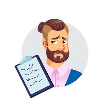 Vector flat cartoon young hipster man character head avatar,male face with displeased expression emotion thinks about checklist-fashion lifestyle,social media concept,web site banner ad design