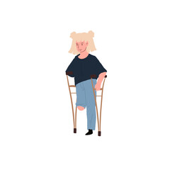 Vector cartoon flat girl character on crutches-disabled childrens care and support theme,equal human rights,social justice,happy childhood for all children concept,web site banner ad design