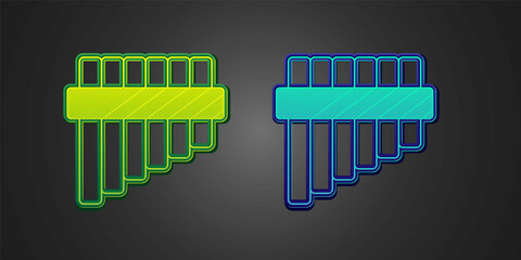 Green and blue Pan flute icon isolated on black background. Traditional peruvian musical instrument. Folk instrument from Peru, Bolivia and Mexico. Vector