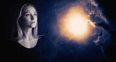 Portrait of woman on space background.