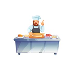 Vector cartoon flat man character chef cooks meal with rolling pin,teaches how to cook properly-culinary education and learning,professional food cooking courses concept,web site banner ad design