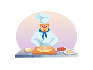 Vector cartoon flat man character chef cooks meal,preparing dough for baking-catering industry restaurant kitchen interior,professional food cooking workflow concept,web site banner ad design