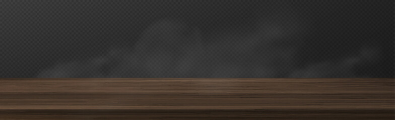Wooden table top and white fog clouds isolated on transparent background. Vector realistic mockup of empty kitchen tabletop, bar counter or shelf brown wood board and smoke or steam above it