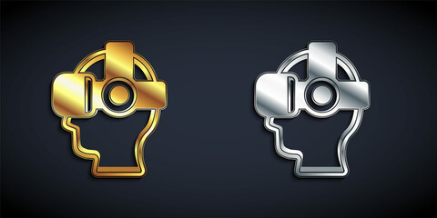 Gold and silver Virtual reality glasses icon isolated on black background. Stereoscopic 3d vr mask. Optical head mounted display. Long shadow style. Vector
