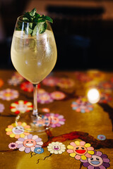 pineapple cocktail stands on a beautiful restaurant table