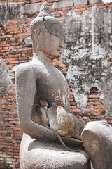 Fototapeta na wymiar Vertical image of cute monkeys sitting avoid the sun under the ancient Buddha statue.