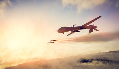 Naklejka na ściany i meble Military combat drone UAV launching missiles