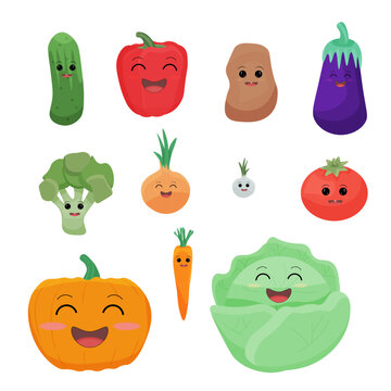 Set of cartoon style vegetables isolated on a white background. Vector illustration. Food characters with eyes and different emotions.  Templates for printing.