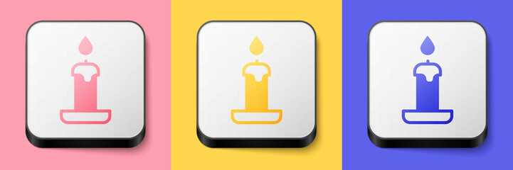 Isometric Burning candle in candlestick icon isolated on pink, yellow and blue background. Cylindrical candle stick with burning flame. Square button. Vector
