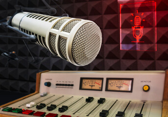 Professional microphone and sound mixer in studio