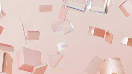 Light pink and bronze abstract 3D background with slowly floating cubes made out of glass, plastic and bronze.  Smoothly floating and colliding boxes - 3D rendering.