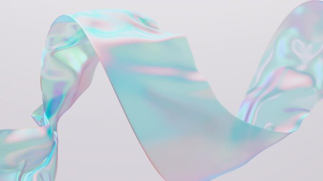 Light grey abstract 3D background with turquoise fabric slowly moving with the wind, smooth wrinkles, plastic and rubber shiny reflective material.  Smoothly floating cloth simulation - 3D rendering.