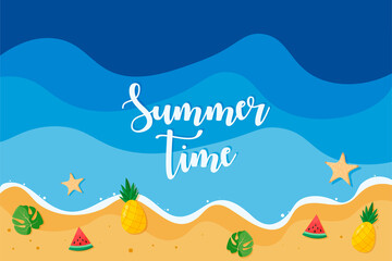 Fototapeta na wymiar Summer time banner with tropical elements. Flat vector design illustration