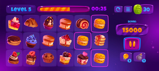 Match 3 game interface with cute cakes icons, buttons and assets. Vector cartoon illustration of mobile game match three with sweets and desserts signs, progress bar, score and clock © klyaksun