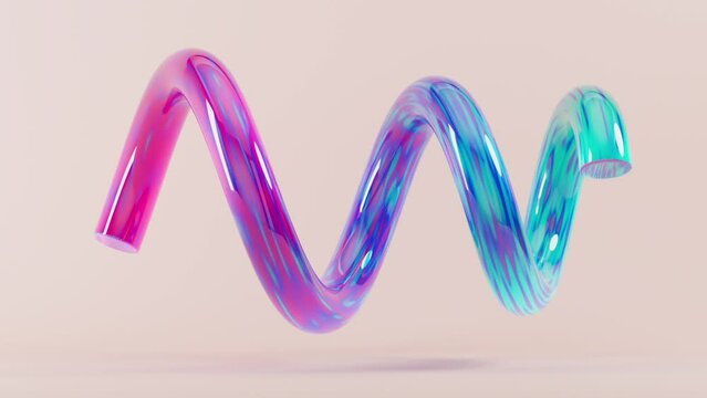 Beige abstract 3D background with a colorful, rotating glass plastic helix spiral.  Smoothly rotating 3d helix spiral shape - 3D rendering. Seamless loop.