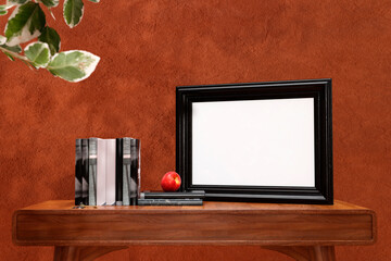 3d rendered illustration of  picture frame mockup on a wooden desk.