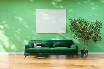 Mockup picture wall frame in a cozy sunlit living room. 3d trendered illustration.