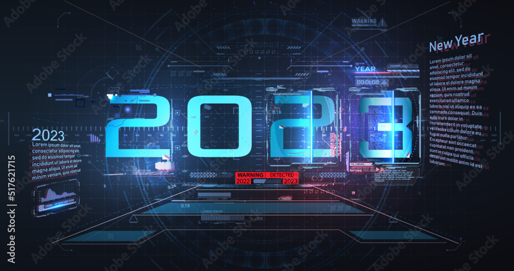 Aufkleber Download the new year from 2022 to 2023 in a futuristic style. Modern futuristic technological template for 2023. Visualization of digital data. Innovative high-tech concept. Vector illustration