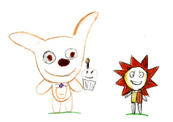 Children's drawings a cartoon image and line drawings