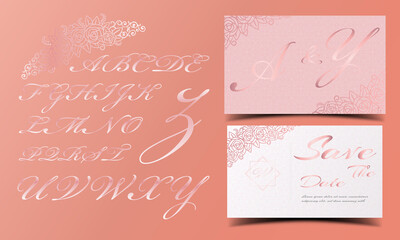 rose gold wedding invitation card with capital alphabet