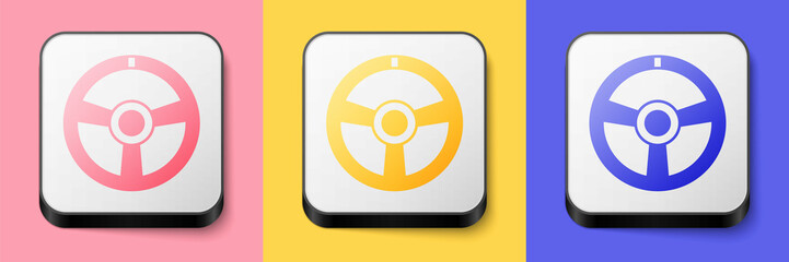 Isometric Racing steering wheel icon isolated on pink, yellow and blue background. Car wheel icon. Square button. Vector