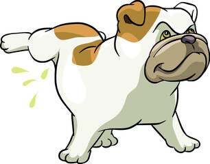 English bulldog, mops, french The dog is peeing, on a pole, illustration, vector, cartoon, 