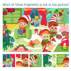 Find hidden fragments. Game for children. Cute elves and Christmas. Characters in cartoon style. Vector illustration.