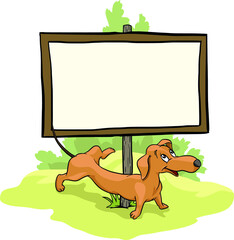 Brown dachshund. The dog is peeing, on a pole, a blank board for entering text, illustration, vector, cartoon, 