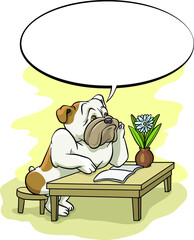 A dog, a bulldog, sits at the table and writes a love poem, cartoon, illustration, vector, 