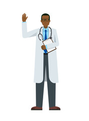 simple illustration of a black male doctor in a lab coat. A pose to greet with a file. 8heads tall.