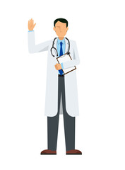 Fototapeta premium simple illustration of an Asian male doctor in a lab coat. A pose to greet with a file. 8heads tall.