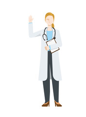 simple illustration of a Caucasian female doctor in a lab coat. A pose to greet with a file. 8heads tall.