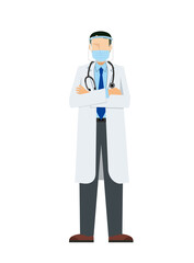 Fototapeta premium simple illustration of an Asian male doctor in a lab coat. Infection prevention with a mask and face shield. 8heads tall.