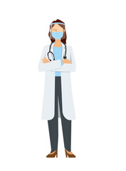 Fototapeta premium simple illustration of an Asian female doctor in a lab coat. Infection prevention with a mask and face shield. 8heads tall.