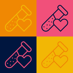 Pop art line Test tube or flask with blood icon isolated on color background. Laboratory, chemical, scientific glassware sign. Vector