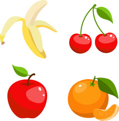 Vector set of fruit, illustration of red apple, cherry, banana and tangerine, icon fruits set isolated on white background
