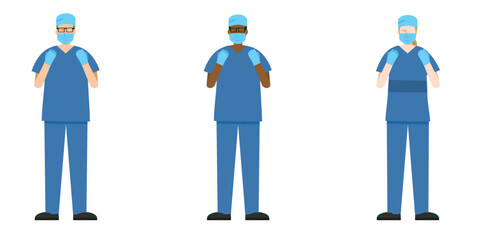 手術着を着た様々な人種の医師のシンプルなイラストセット。緊急手術、治療のイメージ　8等身