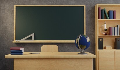 Class room with black chalkboard on the wall.3D rendering