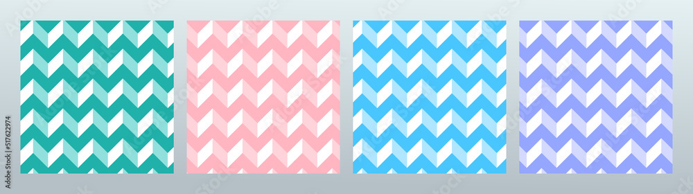 Poster Set of colorful patterns. Background pattern seamless chevron abstract pink, blue, green, violet pastel colors. Summer background design.